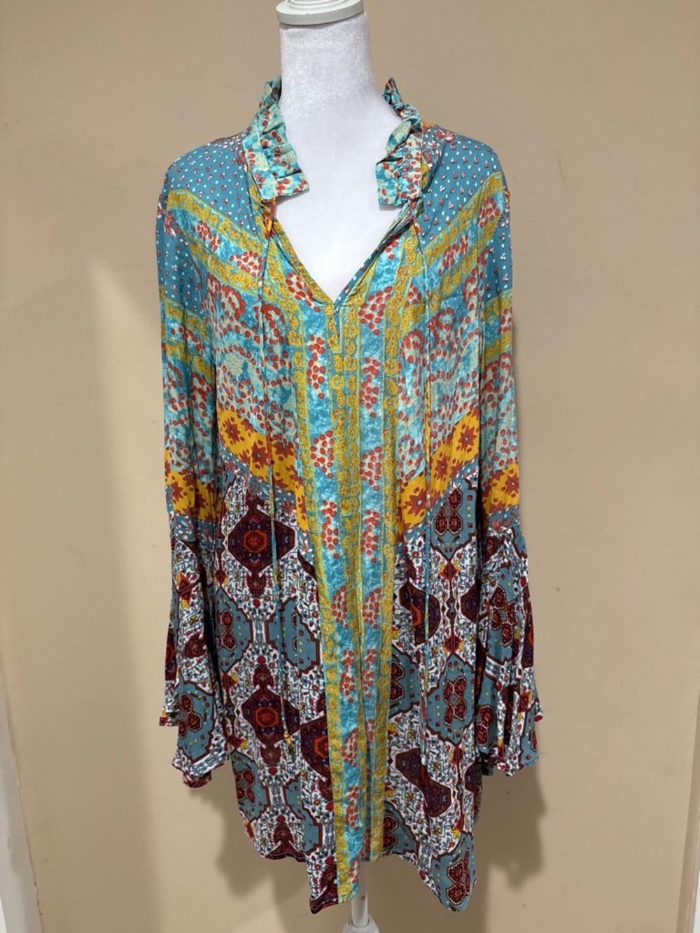 Umgee Teal and Mustard Boho Printed Tunic